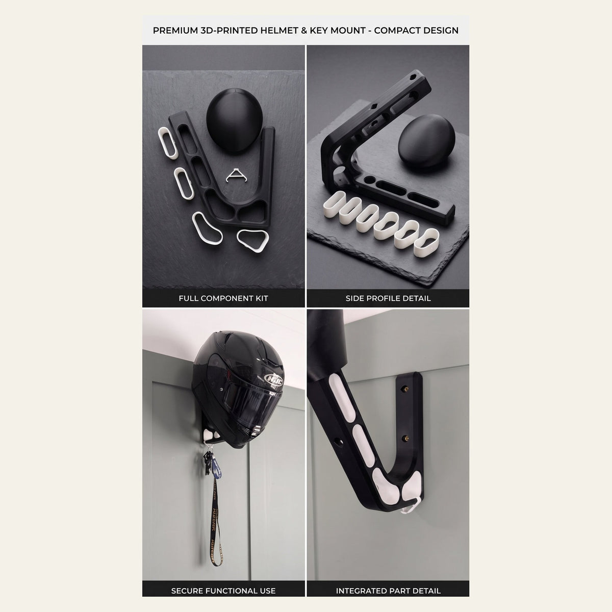 Wall-mounted helmet hanger with key mount, colour inserts - 3D-printed by MUTFORGE