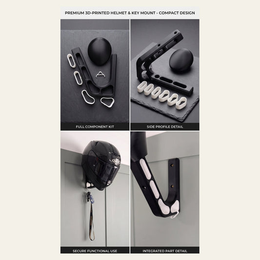 Wall-mounted helmet hanger with key mount, colour inserts - 3D-printed by MUTFORGE