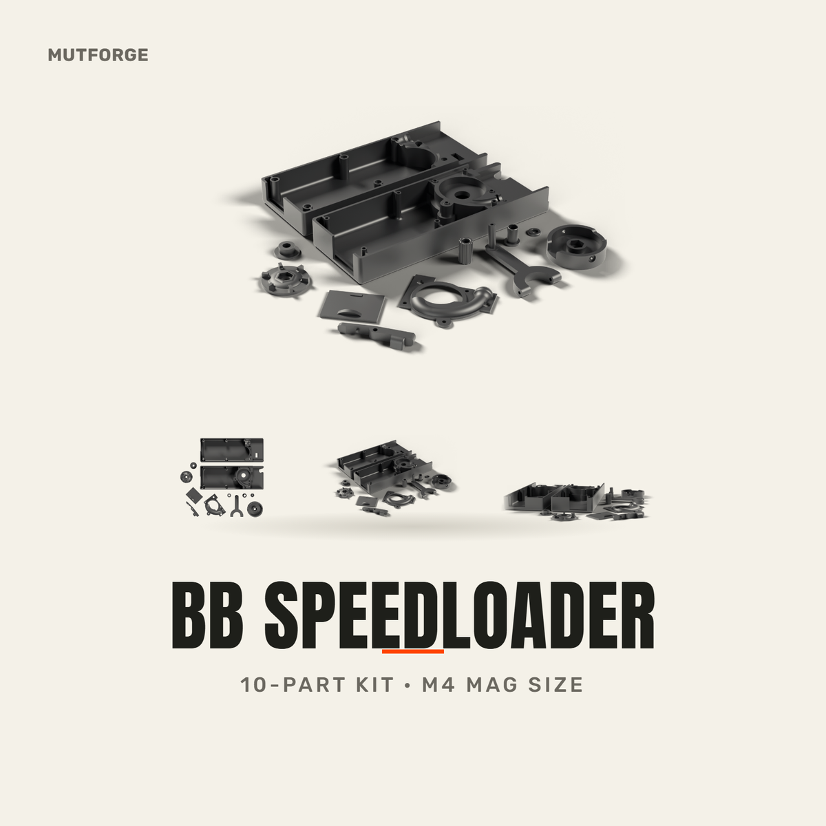 Ergonomic M4-size airsoft BB speedloader kit, 3D printed by MUTFORGE