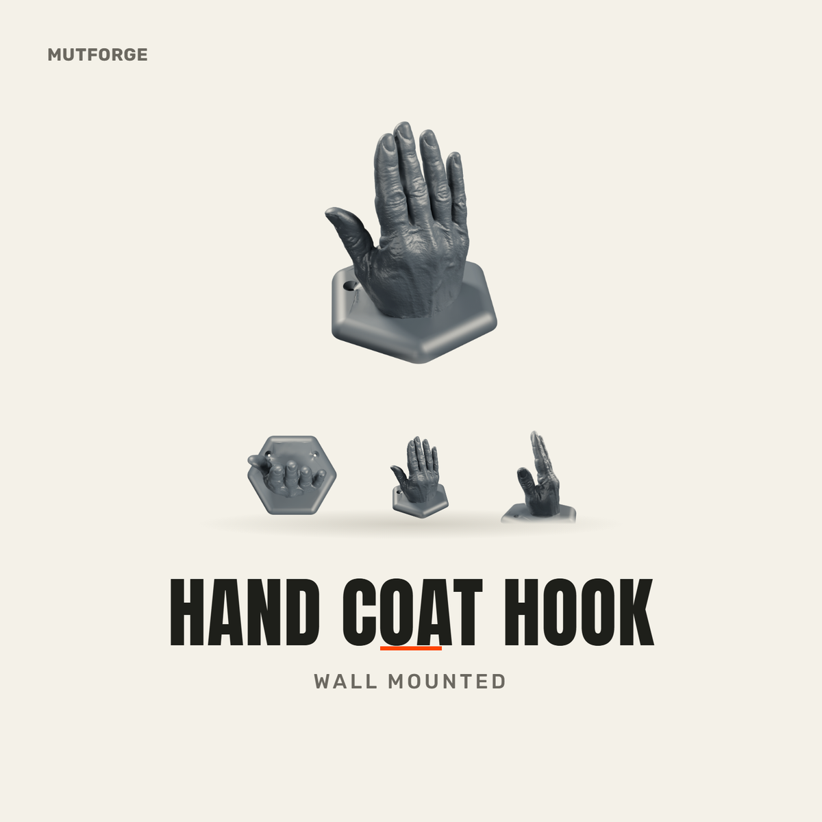 Hand-shaped wall coat hook, 3D printed by MUTFORGE