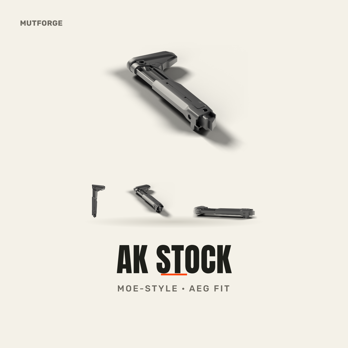 MOE-style AK stock for airsoft AEG, 3D printed by MUTFORGE