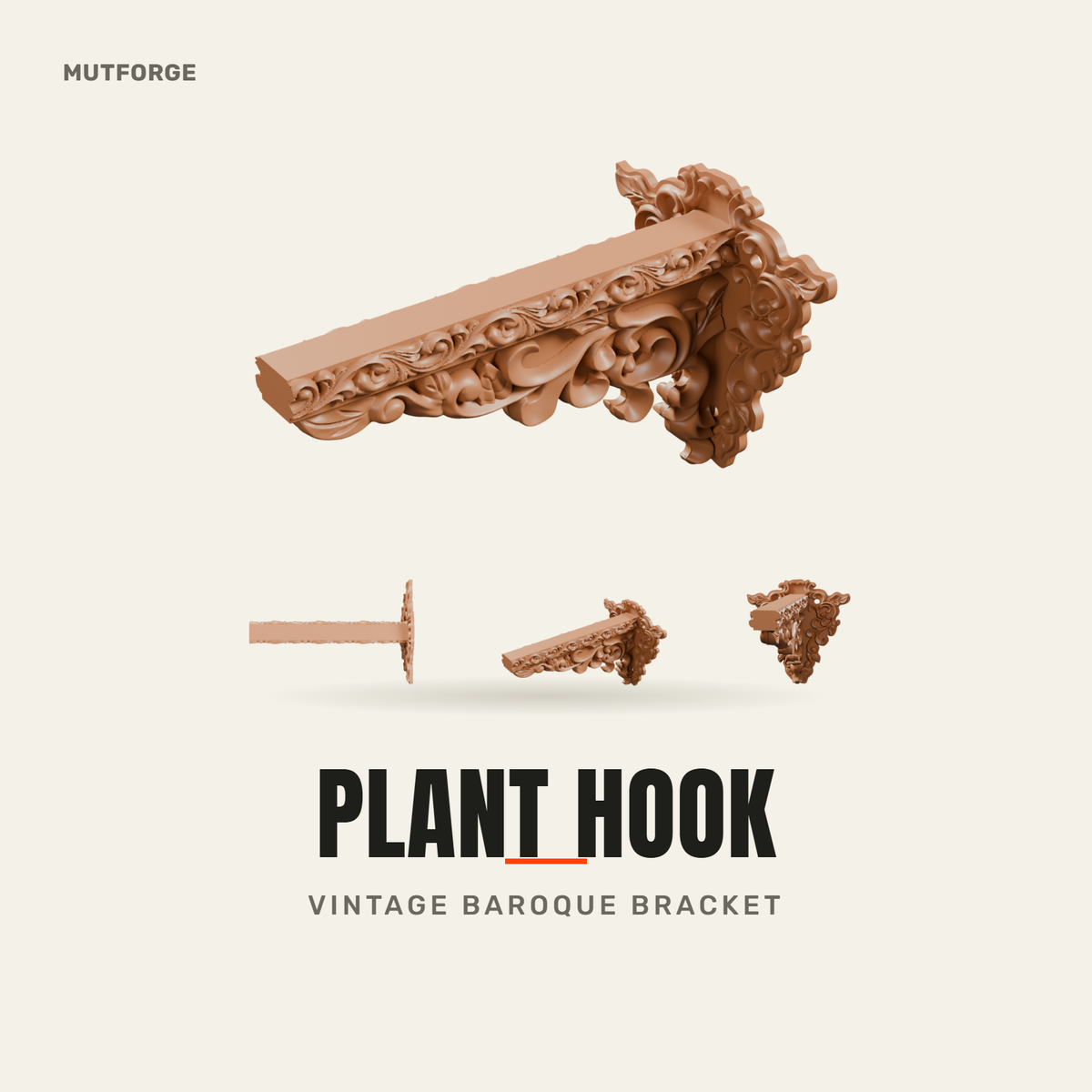 Vintage baroque wall hook for hanging plants, 3D printed by MUTFORGE